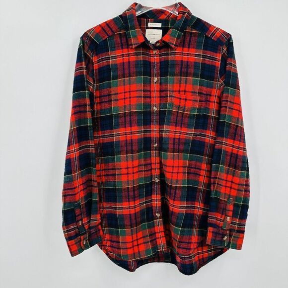 American Eagle Size Large Red Blue Plaid Boyfriend Fit Button Down Flannel Shirt - Picture 1 of 7